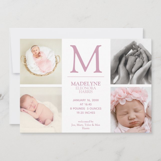 Dusty Rose Pink 4 Photo Collage Newborn Girl Birth Announcement (Front)