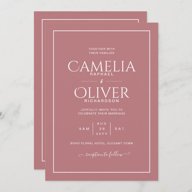 Dusty Rose Pink all-in-1 Wedding with RSVP Invitation (Front/Back)