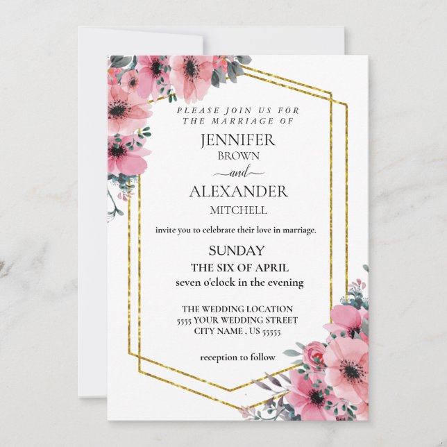 Dusty Rose Pink and Floral Greenery Wedding chic Invitation (Front)