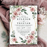 Dusty Rose Pink and Gold Floral Greenery Wedding Invitation<br><div class="desc">Design features an elegant geometric gold coloured (printed) frame decorated with watercolor roses in shades of dusty rose pink,  mauve and similar shades with white floral elements over various types of greenery branches and leaves.   View the collection on this page to find matching products from this suite.</div>