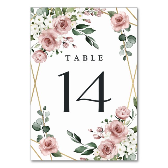 Dusty Rose Pink and Gold Floral Greenery Wedding Table Number (Front)