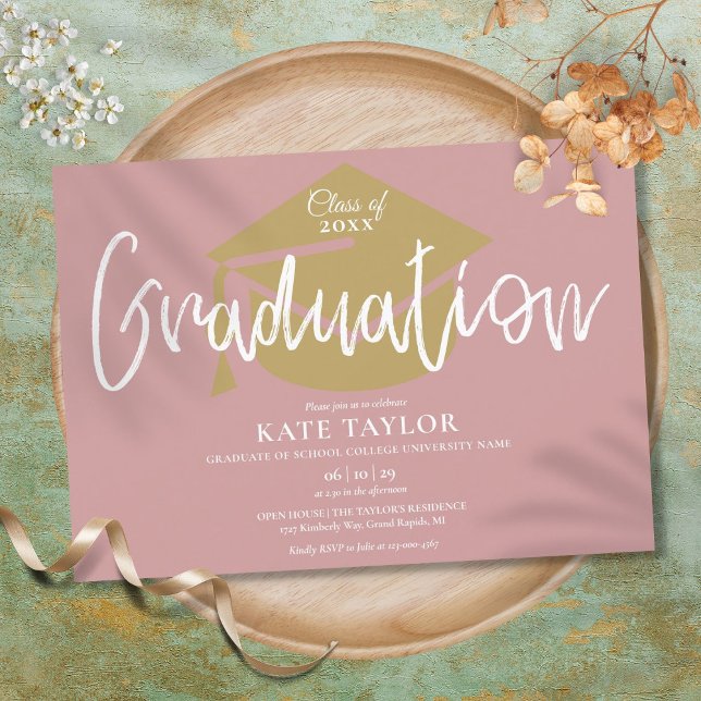 Dusty Rose Pink And Gold Script Graduation Party Invitation (Creator Uploaded)