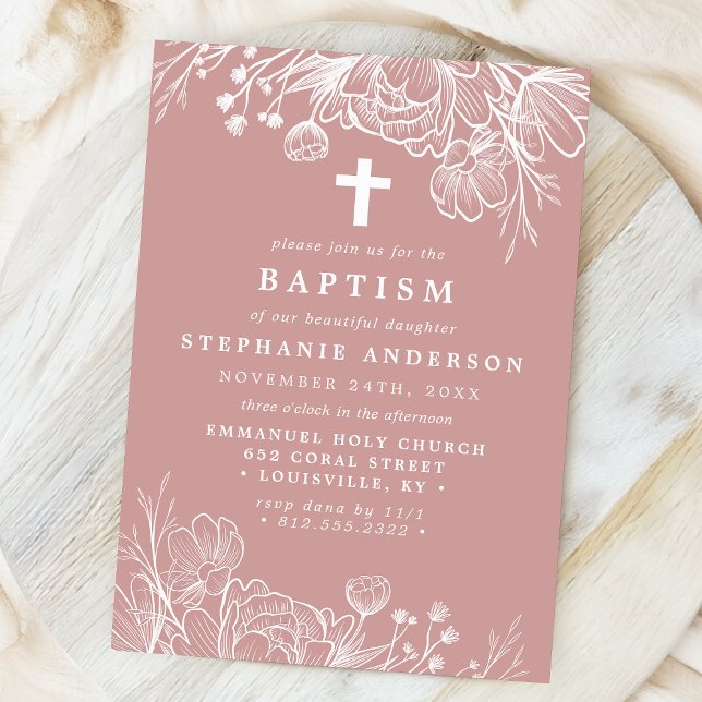 Dusty Rose Pink and White Floral Baptism Invitation (Creator Uploaded)