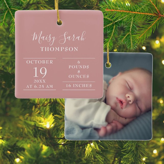 Dusty Rose Pink Baby Girl Birth Stats Photo Ceramic Ornament (Dusty Rose Pink Baby Girl Birth Stats Photo Ceramic Ornament)