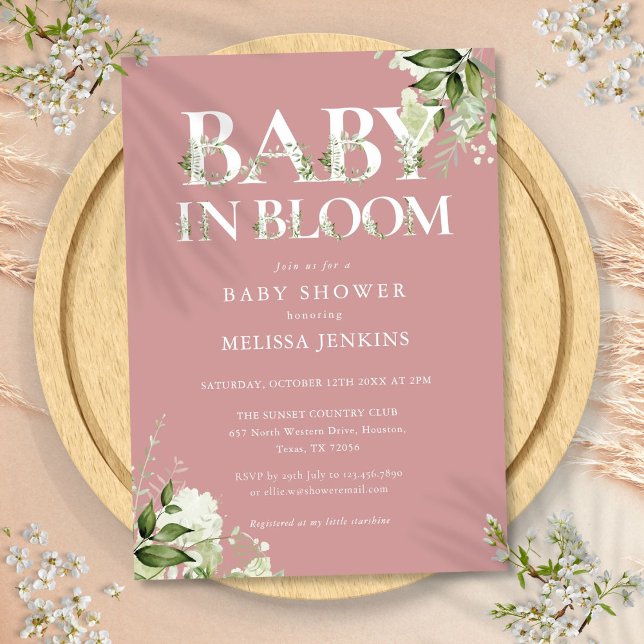 Dusty Rose Pink Baby In Bloom Greenery Baby Shower Invitation (Dusty Rose Pink Baby In Bloom Greenery Baby Shower Invitation)