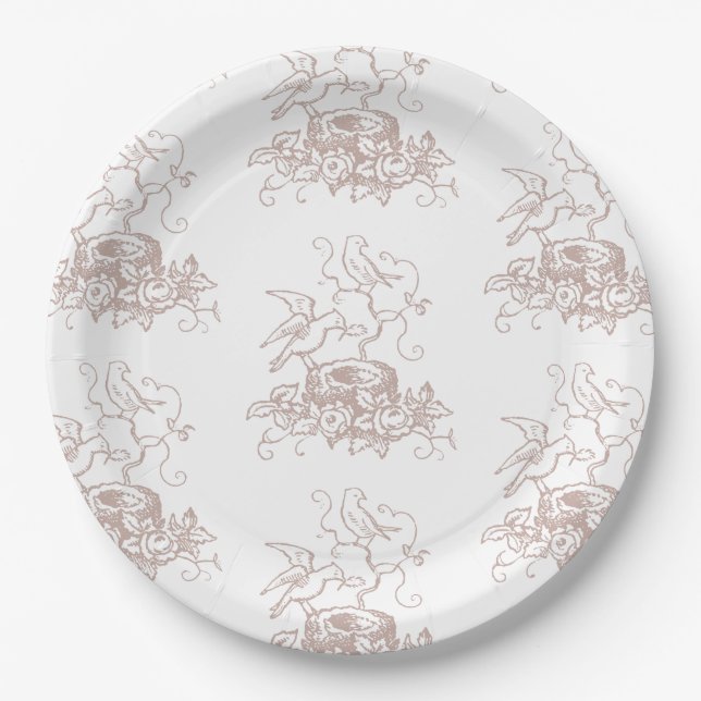 Dusty Rose Pink Bird Nest Baby Shower Paper Plate (Front)