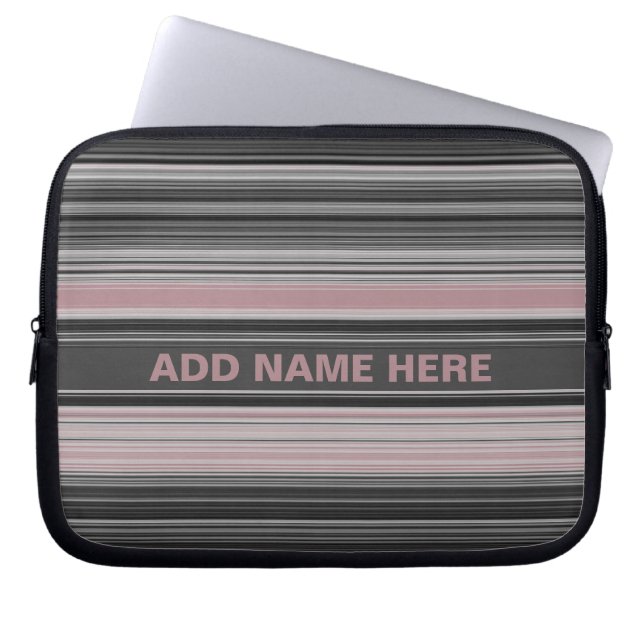 Dusty Rose Pink Black White Grey Striped Pattern Laptop Sleeve (Front)
