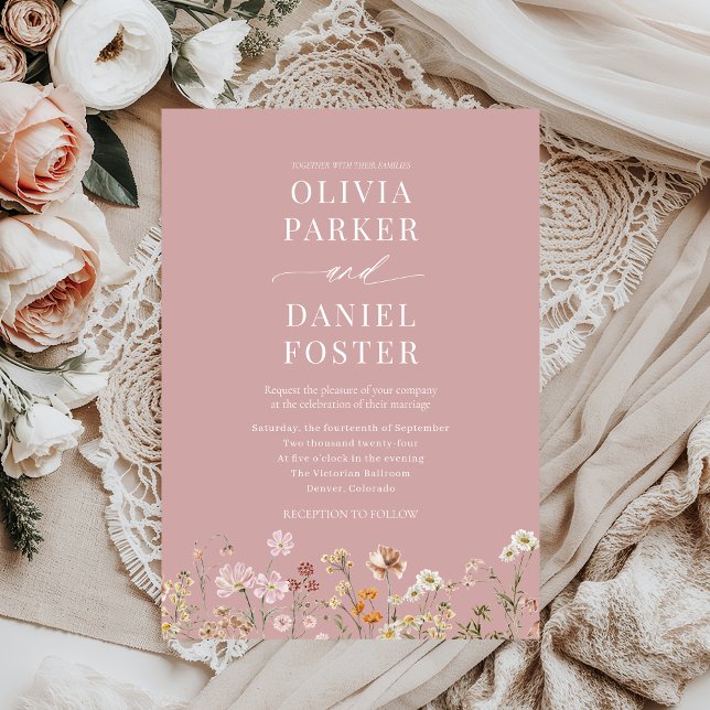 Dusty Rose Pink Boho Wildflower Wedding  Invitation (Creator Uploaded)