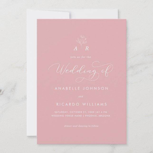 Dusty Rose Pink Botanical Monogram QR Code Wedding Invitation (Front)