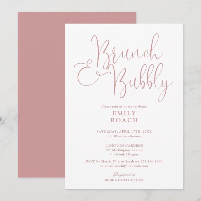Dusty Rose Pink Brunch And Bubbly Bridal Shower Invitation (Front/Back)