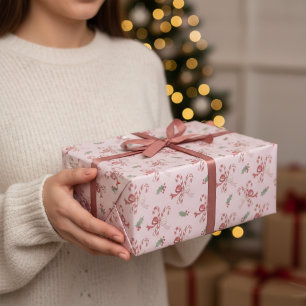 Dusty Rose Pink Candy Cane Coquette Bows Christmas Wrapping Paper