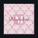Dusty Rose Pink Damask Monogram with Name Magnet<br><div class="desc">This pretty magnet features a white damask pattern over a Dusty Rose or Pink background. The design is personalised with a monogram initial letter as well as a customisable name. This pretty feminine pattern makes it a great gift for any woman or girl.</div>