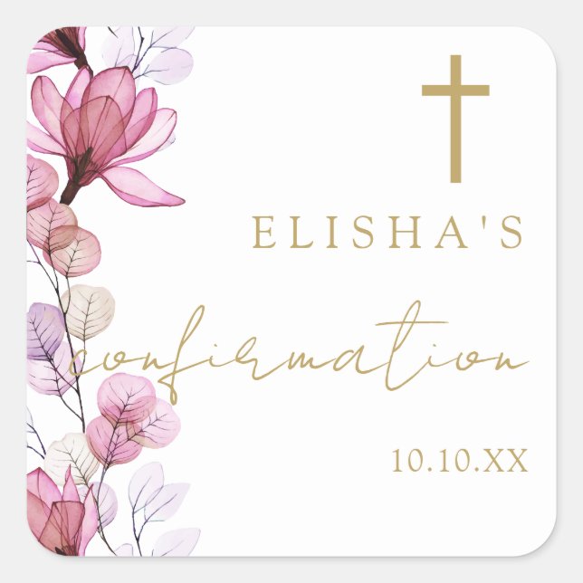 Dusty Rose Pink Elegant Floral Confirmation Square Sticker (Front)