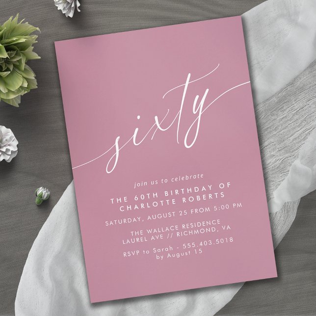 Dusty Rose Pink Elegant Girly Womens 60th Birthday Invitation (Creator Uploaded)