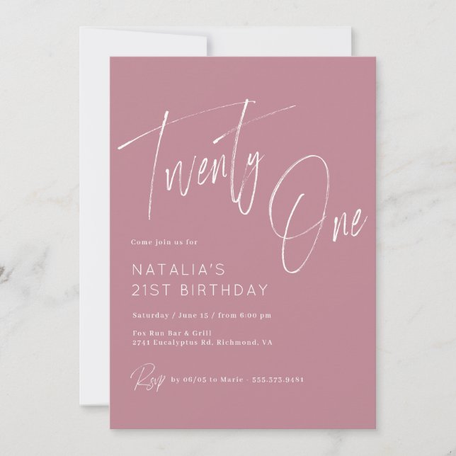 Dusty Rose Pink | Elegant Script 21st Birthday Invitation (Front)
