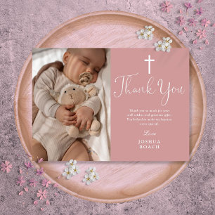 Dusty Rose Pink Elegant Script Photo Baptism Thank You Card