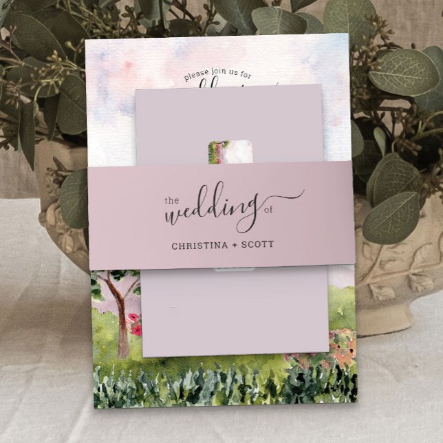 Dusty Rose Pink Elegant script Wedding Invitation Belly Band (Dusty Rose Pink wedding invitation belly bands from the Country Meadow collection)