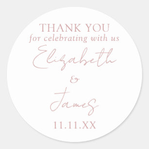 Dusty Rose Pink Elegant Script Wedding Thank You Classic Round Sticker