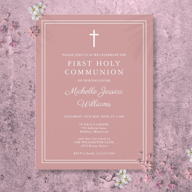 Dusty Rose Pink First Holy Communion Invitation Postcard (Dusty Rose Pink First Holy Communion Invitation Postcard)