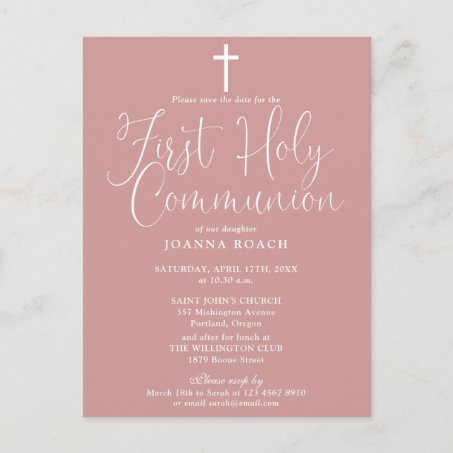 Dusty Rose Pink First Holy Communion Save The Date Postcard (Front)