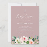 Dusty Rose Pink Floral Baptism Invitation