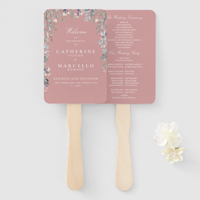 Dusty Rose Pink Floral Cascade Wedding Program Hand Fan (Front and Back)