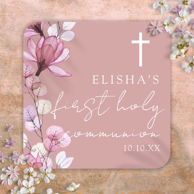 Dusty Rose Pink Floral First Holy Communion Square Sticker (Dusty Rose Pink Floral First Holy Communion Square Sticker)