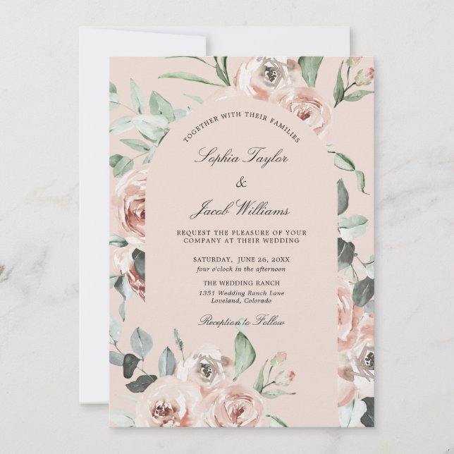 Dusty Rose Pink Floral Greenery Eucalyptus Wedding Invitation (Front)