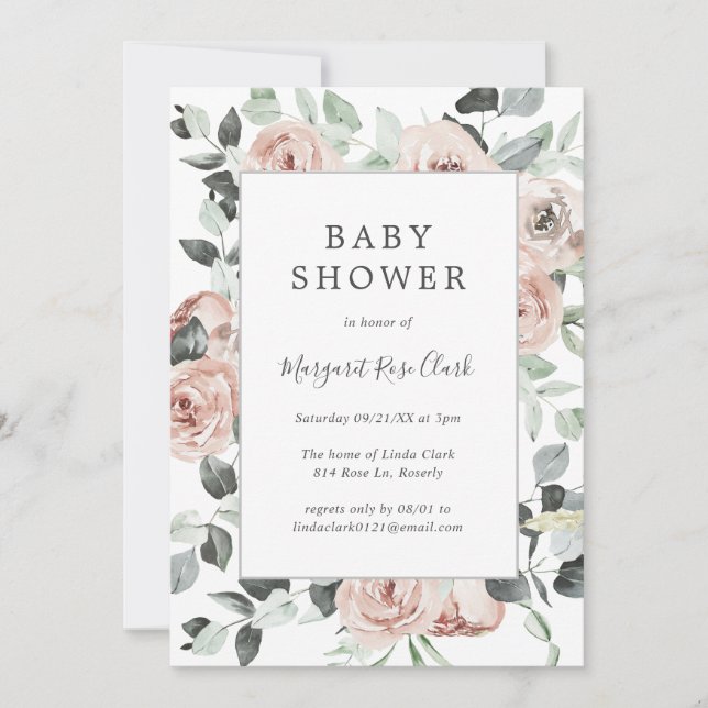 Dusty Rose Pink Floral Greenery Girl Baby Shower Invitation (Front)