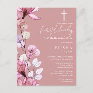 Dusty Rose Pink Floral Holy Communion Invitation Postcard