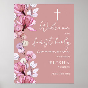 Dusty Rose Pink Floral Holy Communion Welcome Sign