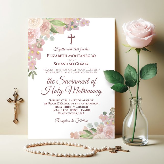 Dusty Rose Pink Floral Modern Catholic Wedding Invitation (Creator Uploaded)