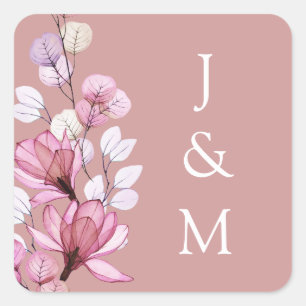 Dusty Rose Pink Floral Monogram Wedding Square Sticker