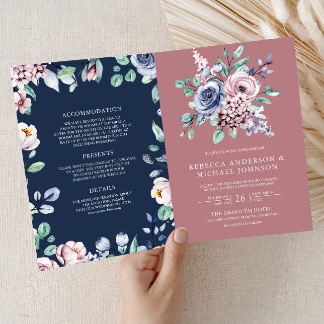 Dusty Rose Pink Floral Navy Blue QR Code Wedding Invitation (Creator Uploaded)