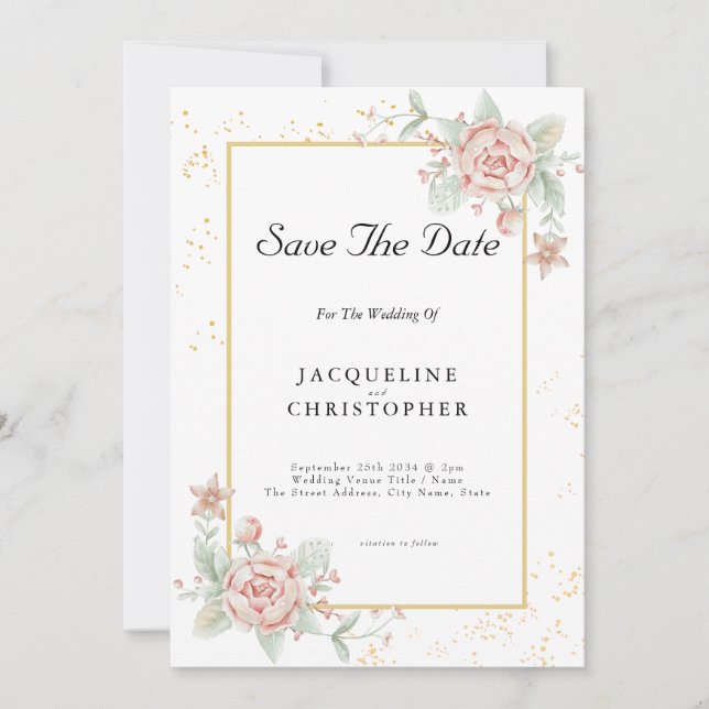 Dusty Rose Pink Floral Peony Save The Date Wedding Invitation (Front)