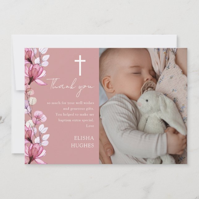 Dusty Rose Pink Floral Photo Baptism Christening Thank You Card (Front)