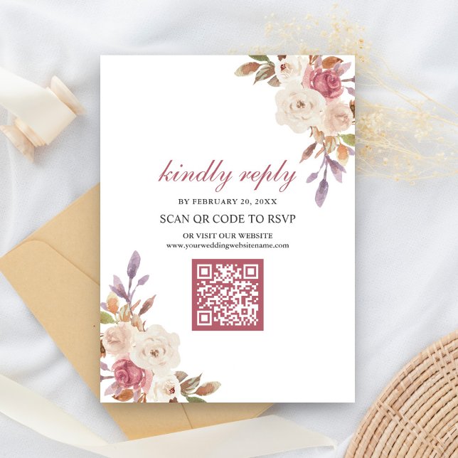 Dusty Rose Pink Floral QR Code RSVP Wedding Enclosure Card (Creator Uploaded)