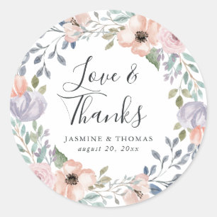 Dusty Rose Pink  Floral   Thank You Wedding Favour Classic Round Sticker