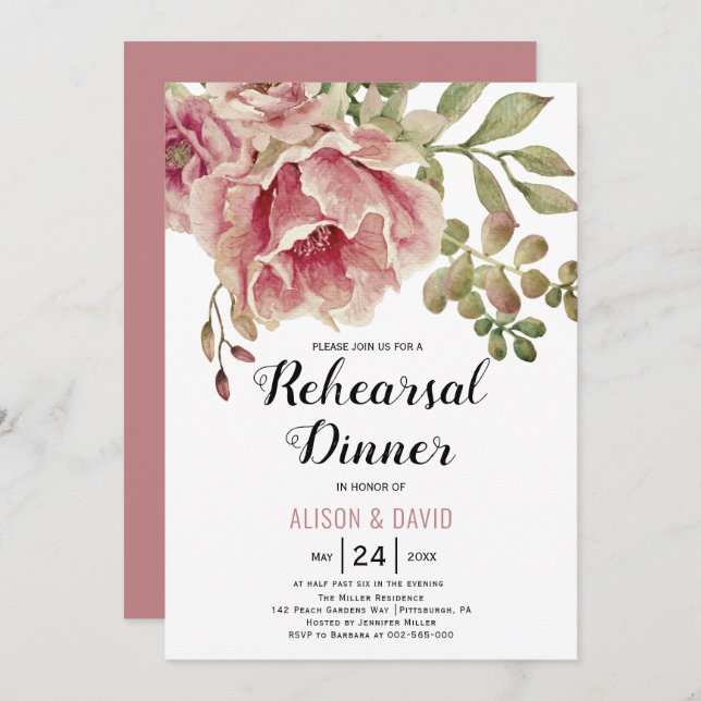 Dusty rose pink floral wedding rehearsal dinner invitation (Front/Back)