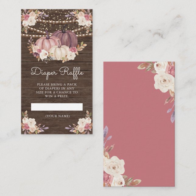 Dusty Rose Pink Floral Wood Pumpkin Diaper Raffle Enclosure Card (Front/Back)