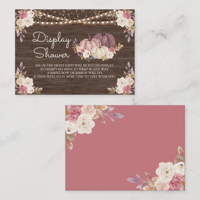 Dusty Rose Pink Floral Wood Pumpkin Display Shower Enclosure Card (Front/Back)