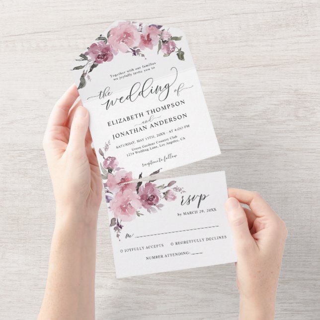 Dusty Rose Pink Flower Floral Wedding Details RSVP All In One Invitation (Tearaway)