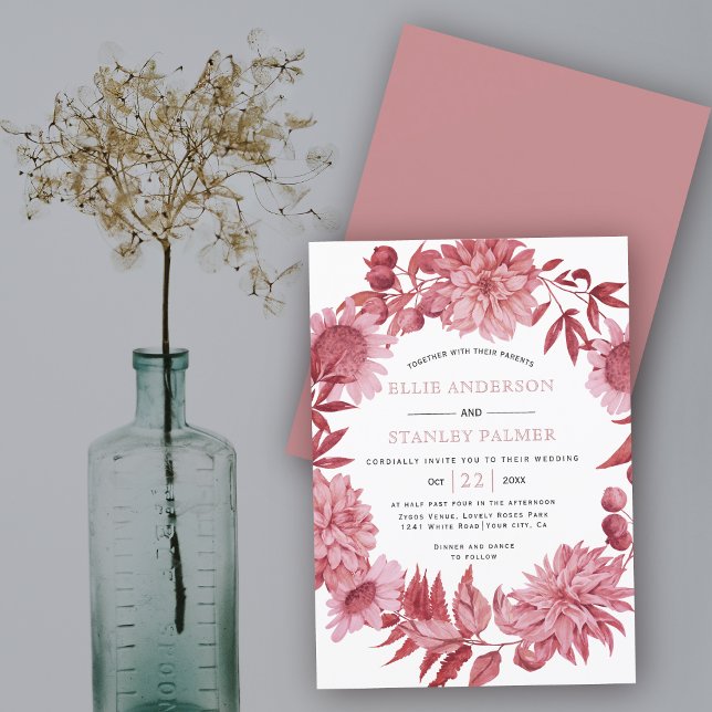 Dusty rose pink flowers and leaves wreath wedding invitation (Creator Uploaded)