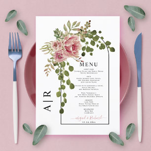 Dusty rose pink flowers, arch and monogram wedding menu