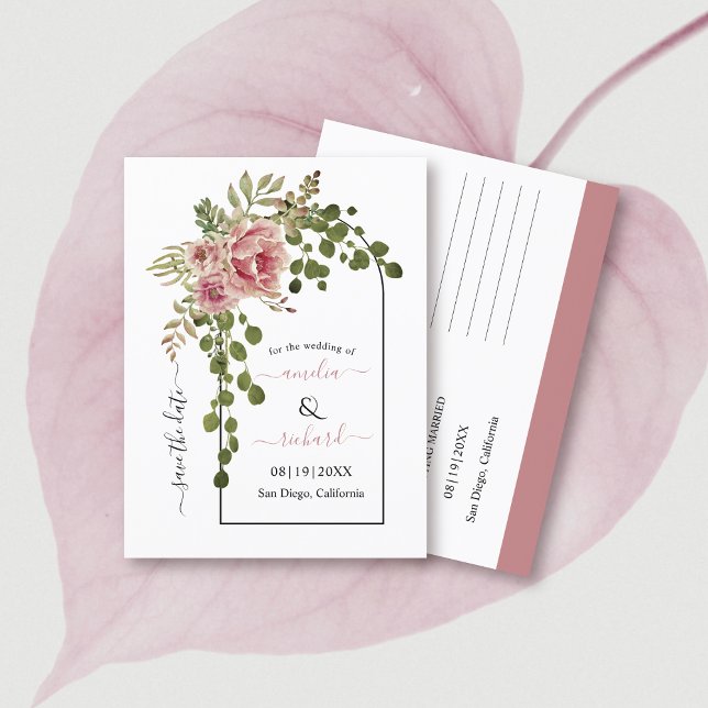 Dusty rose pink flowers arch wedding Save the Date Postcard (Creator Uploaded)