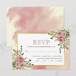 Dusty rose pink flowers gold frame boho wedding RSVP card
