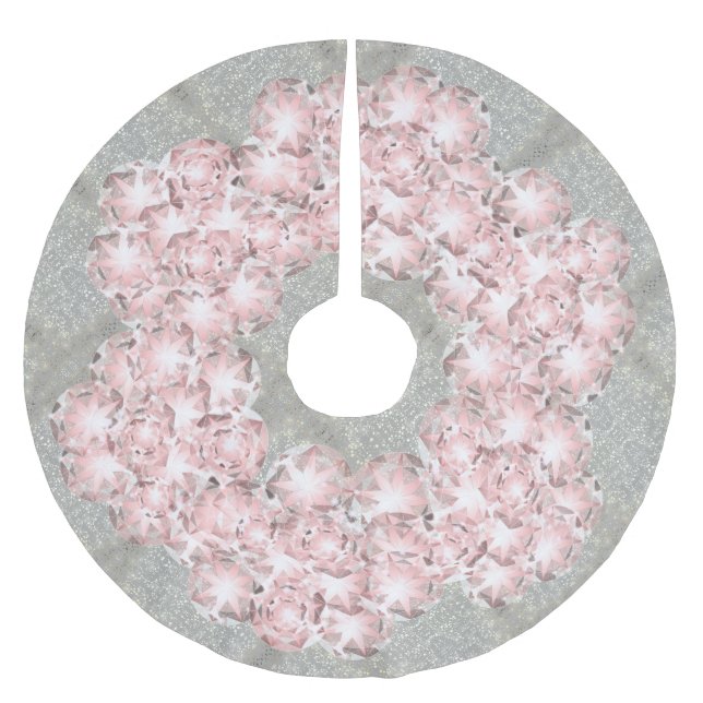 Dusty Rose Pink Gems on Grey with Gold Sparkle Brushed Polyester Tree Skirt (Front)