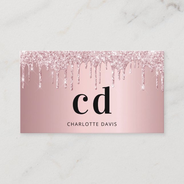Dusty rose pink glitter drip monogram initials business card (Front)