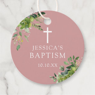 Dusty Rose Pink Greenery Baptism Christening Favour Tags