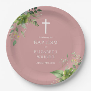 Dusty Rose Pink Greenery Baptism Christening Paper Plate